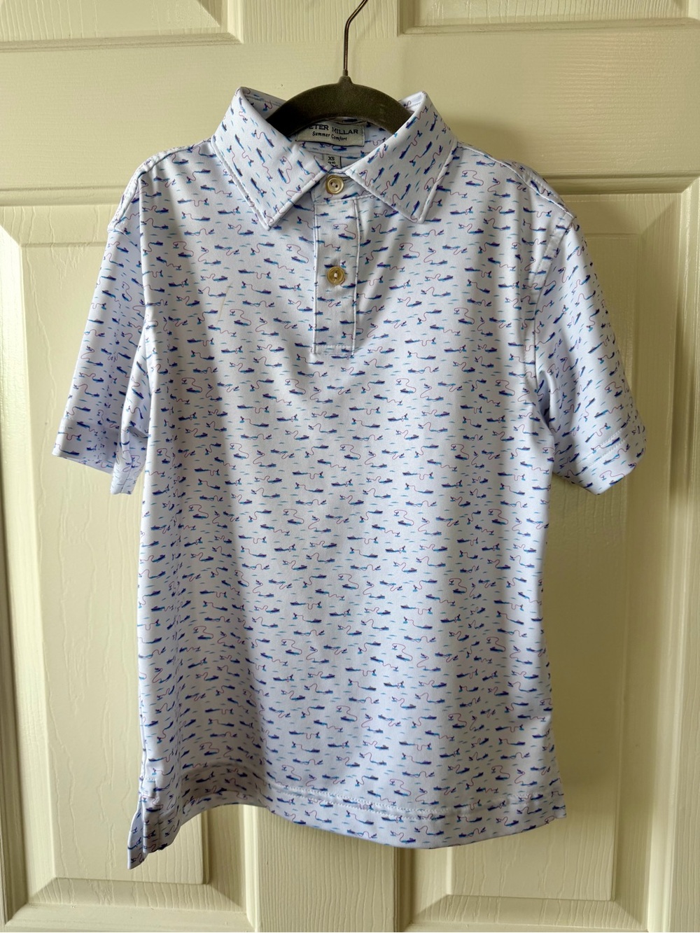 Boys Peter Millar White Polo w/Boat/Water Skier Print Size XS